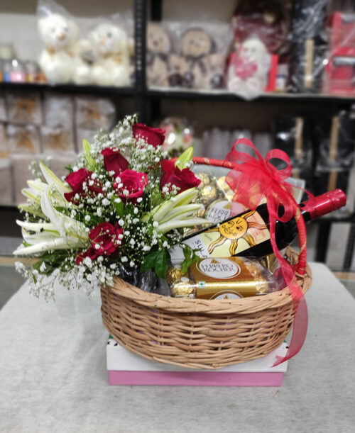 wine, chocolate, flower gift hamper