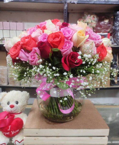 Mixed Flowers Glass Vase