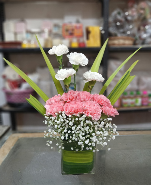 Pink and White Carnation Glass Vase